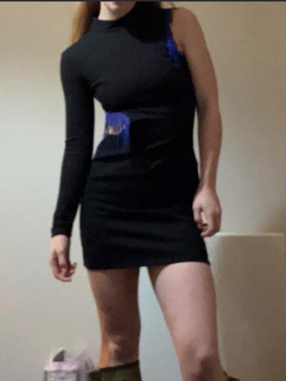 Stand One Arm Black Mini Dress with Blue Tassels, XS